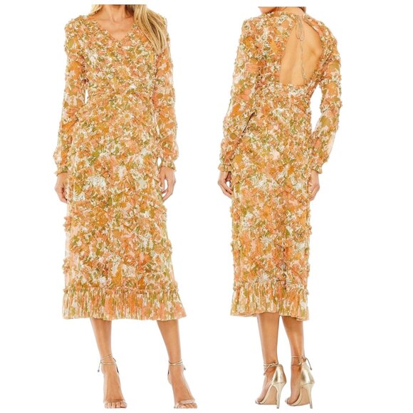 Mac Duggal Cutout Back Lattice Ruffle Floral Midi Dress Size 8 NWT - Picture 1 of 5